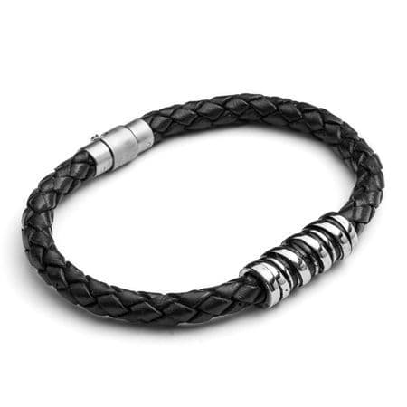 Tribal Steel Leather Bracelet T1657_Blk_22.5 - BLACK