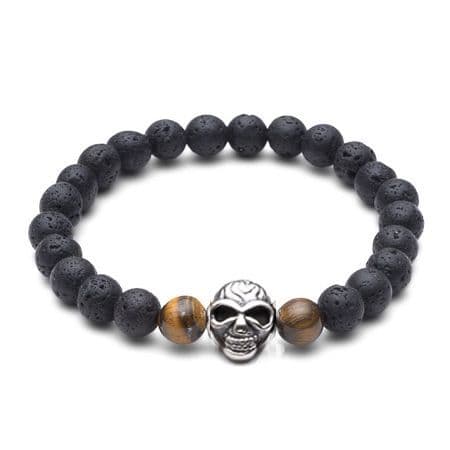 Tribal  Steel Skull Bracelet - Lava & Tigers Eye - Tbb2966_skull
