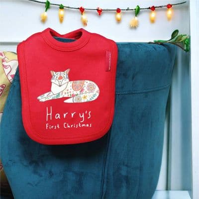 Personalised Nordic Snow Cat First Christmas Bib