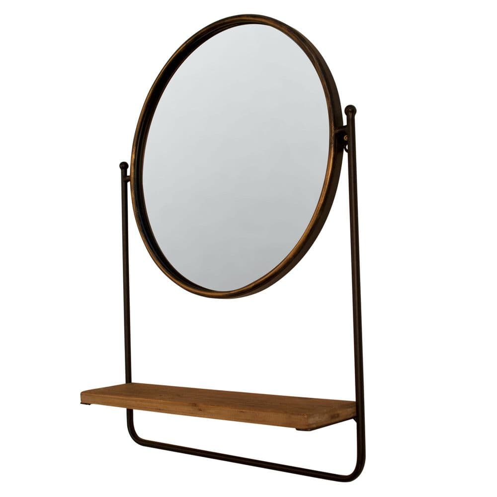Iron and Wood Shelved Round Mirror