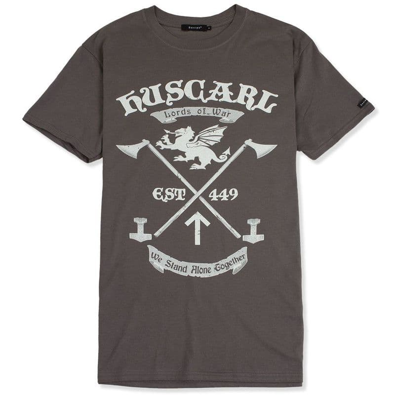 Huscarl Lords of War charcoal Anglo-Saxon t-shirt with Senlak branded sleeve tab