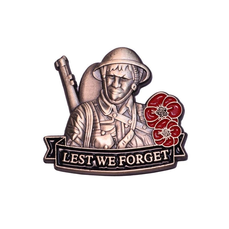 Lest We Forget Poppy Lapel Badge in Antique Brass