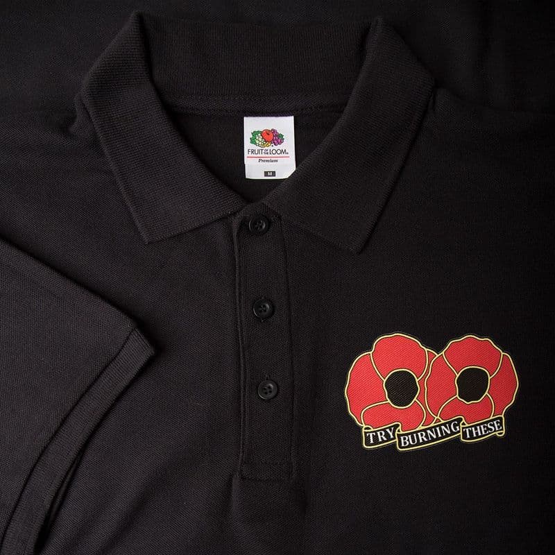 Remembrance Sunday Poppy Polo Shirt with wording 