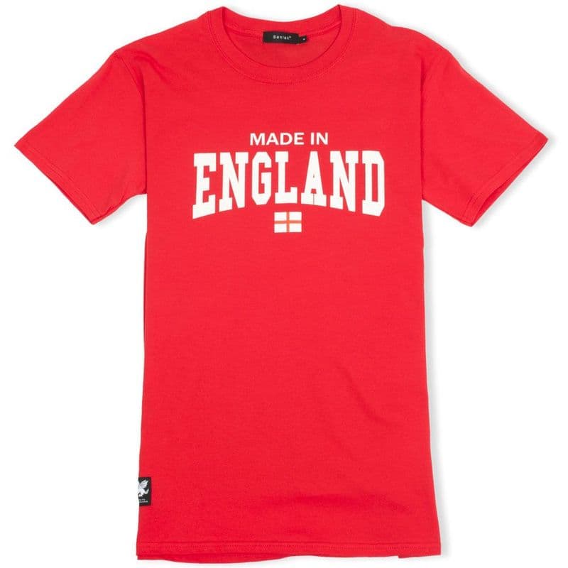 Made In England red T-shirt with White Dragon woven patch