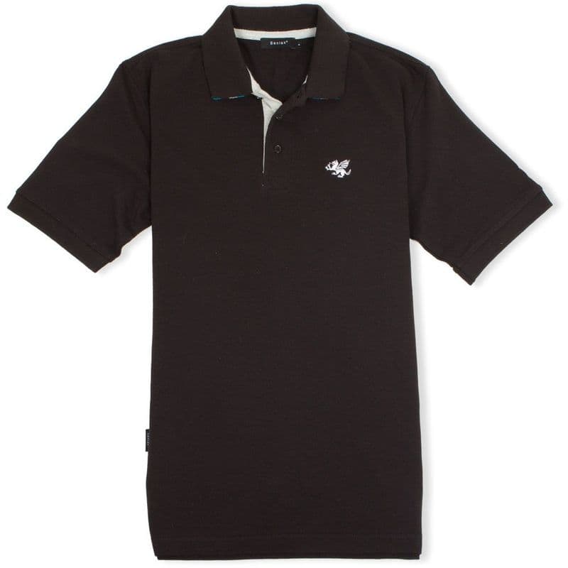 Senlak Striped Under Collar Polo Shirt - Black with Anglo-Saxon White Dragon logo