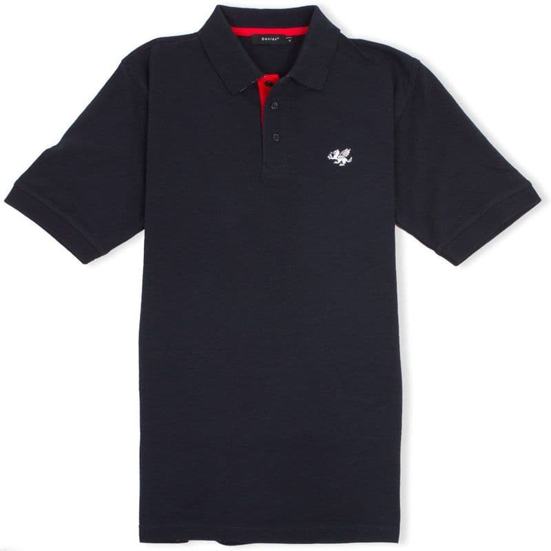 Senlak Striped Under Collar Polo Shirt in navy with Anglo-Saxon White Dragon logo