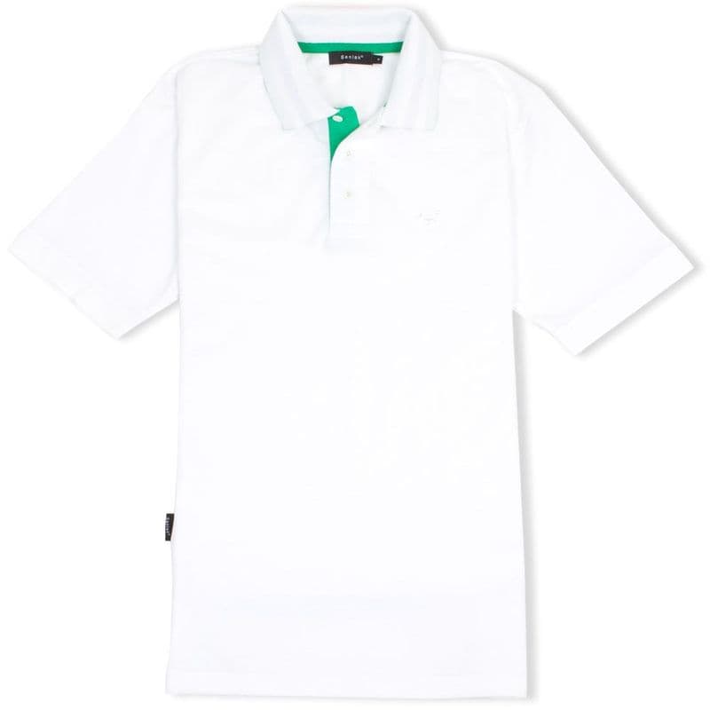 Senlak Striped Under Collar Polo Shirt in white with Anglo-Saxon White Dragon logo