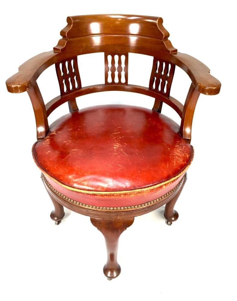 Antique Mahogany Wooden & Leather Revolving Captains Desk Chair / C 1900 / Red