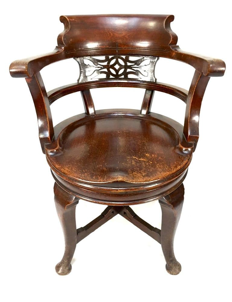 Antique Oak Wood Revolving Captains Desk Chair / Office Furniture c1900