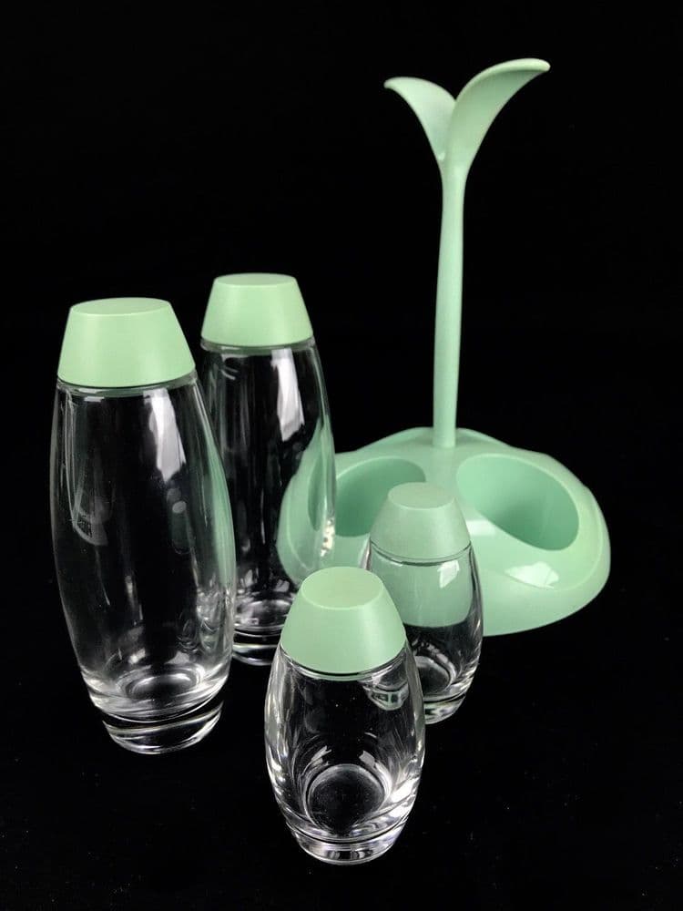 Retro Italian Cruet Set / Holder / Condiment Collection / Green Vintage
