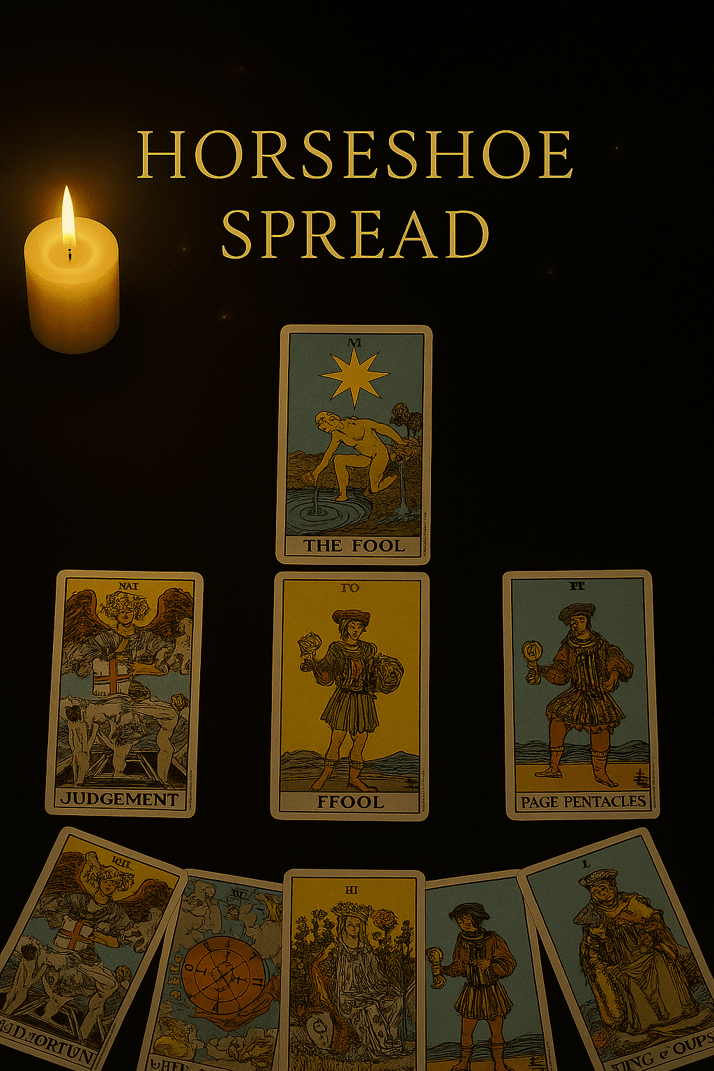 A classic horseshoe tarot spread with seven cards arranged in a curved line, symbolizing the cyclical nature of time and fate.