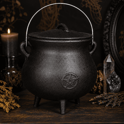 Cauldron Cast Iron Black With Pentagram H21 x W18cm