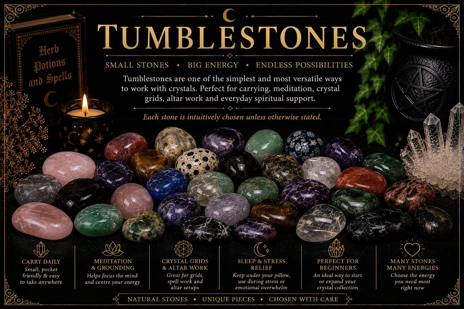 collection of polished crystal tumblestones in various stones
