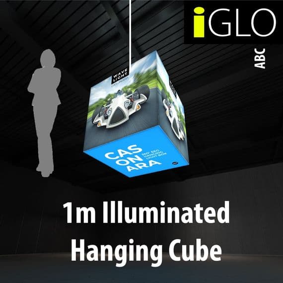 Backlit iGLO Wavelight  Casonara Illuminated Hanging Cube For Exhibition Stands 1m