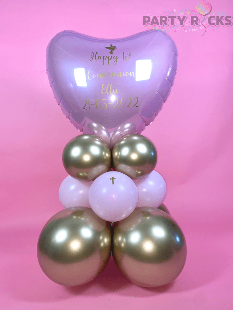 Pink and Gold Communion Heart Balloon Stack