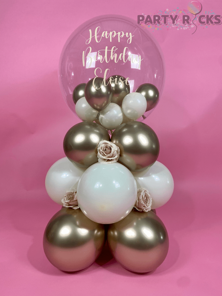 Ballloon Stack Satin Cream and Gold Floral Birthday Bubble Balloon Stack