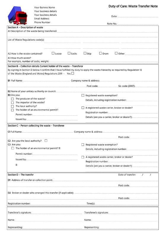 Duty of Care - Waste Transfer Note for Commercial Bulk Waste