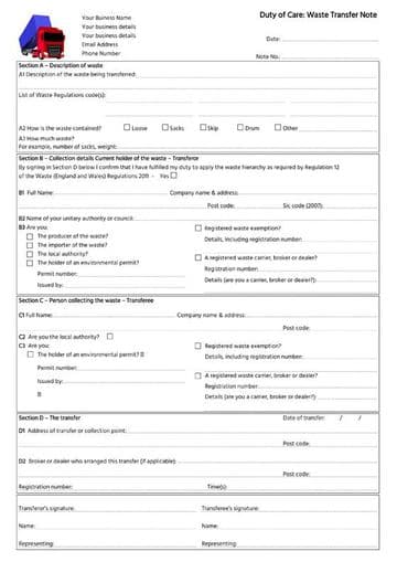 Duty of Care - Waste Transfer Note for Commercial Bulk Waste