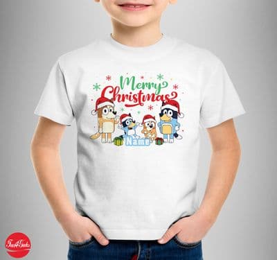 Bluey Funny Christmas T-Shirt  Xmas Santa Kids Personalised Boy girls Top