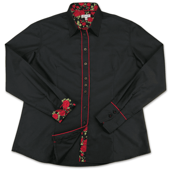 Grenouille Black Shirt with with Red Rose Accent Details