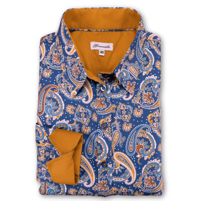 Grenouille Blue, Dark Gold & Pale Pink Paisley Print Shirt