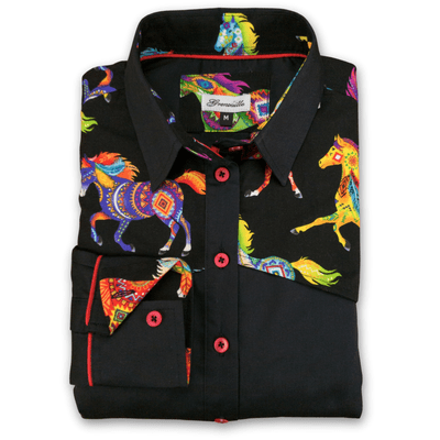 Grenouille Colourful Horse Detail Black Western Rodeo Shirt
