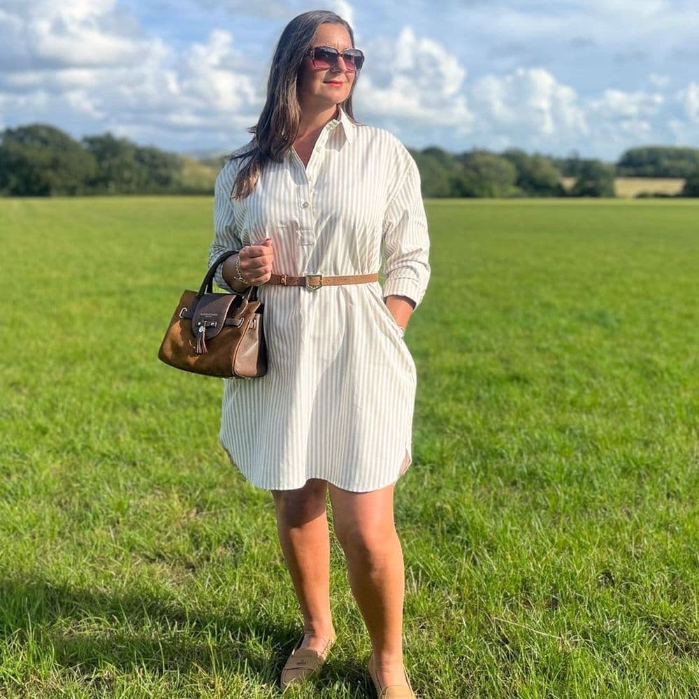 Grenouille Ladies 2 Size Beige & White Stripe Above Knee Length Shirt Dress