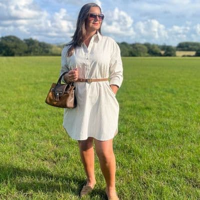 Grenouille Ladies 2 Size Beige & White Stripe Above Knee Length Shirt Dress