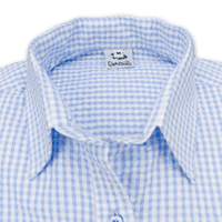 Grenouille Ladies 3/4 Sleeve Blue and White Gingham Check Seersucker Shirt