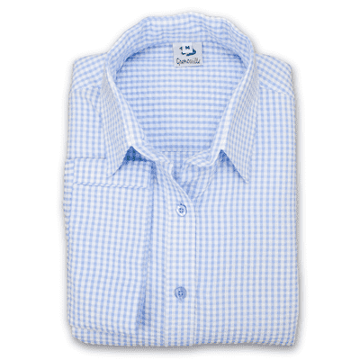 Grenouille Ladies 3/4 Sleeve Blue and White Gingham Check Seersucker Shirt