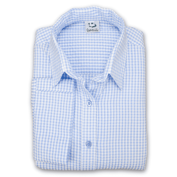 Grenouille Ladies 3/4 Sleeve Blue and White Gingham Check Seersucker Shirt