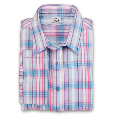 Grenouille Ladies 3/4 Sleeve Blue, Lilac and Pink Check Seersucker Shirt