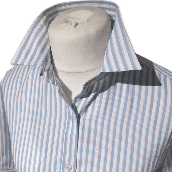 Grenouille Ladies 3/4 Sleeve Blue & Pink Stripe Seersucker Shirt