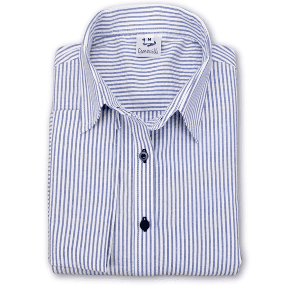 Grenouille Ladies 3/4 Sleeve Dark Blue and White Stripe Seersucker Shirt