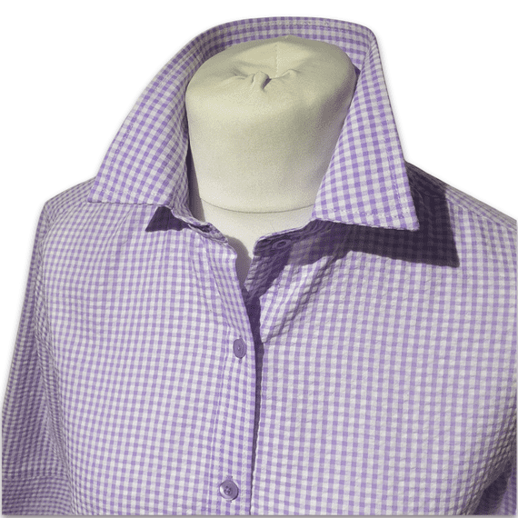 Grenouille Ladies 3/4 Sleeve Dark Lavender Gingham Check Seersucker Shirt