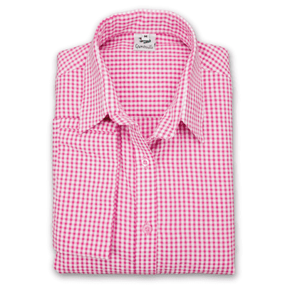 Grenouille Ladies 3/4 Sleeve Dark Pink and White Gingham Check Seersucker Shirt