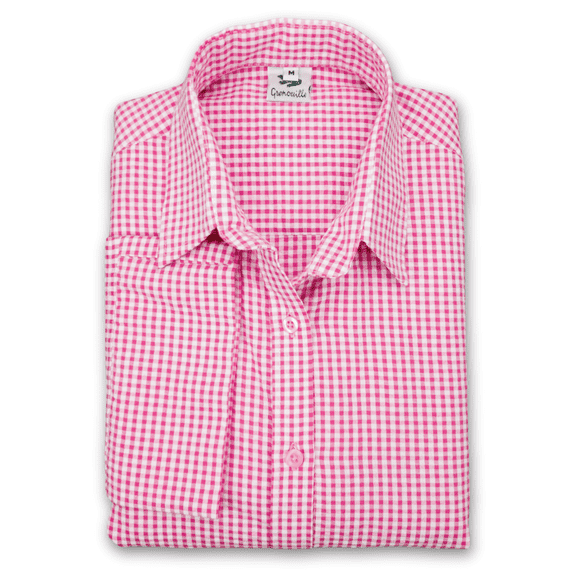 Grenouille Ladies 3/4 Sleeve Dark Pink and White Gingham Check Seersucker Shirt