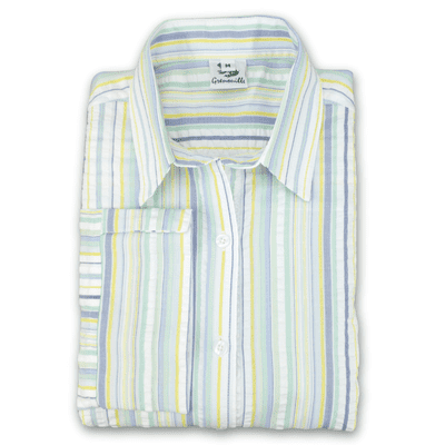 Grenouille Ladies 3/4 Sleeve Green, Yellow and Purple Stripe Seersucker Shirt