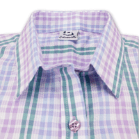 Grenouille Ladies 3/4 Sleeve Lilac, Blue and Emerald Green Check Seersucker Shirt