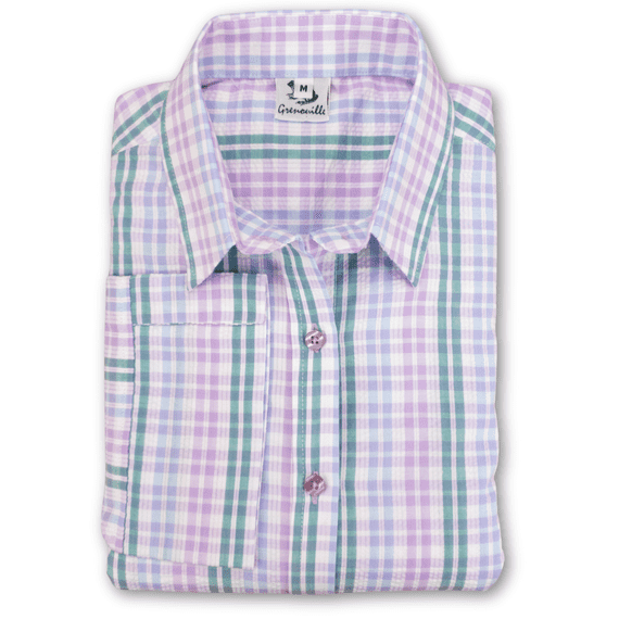 Grenouille Ladies 3/4 Sleeve Lilac, Blue and Emerald Green Check Seersucker Shirt