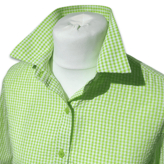 Grenouille Ladies 3/4 Sleeve Lime Green Gingham Check Seersucker Shirt