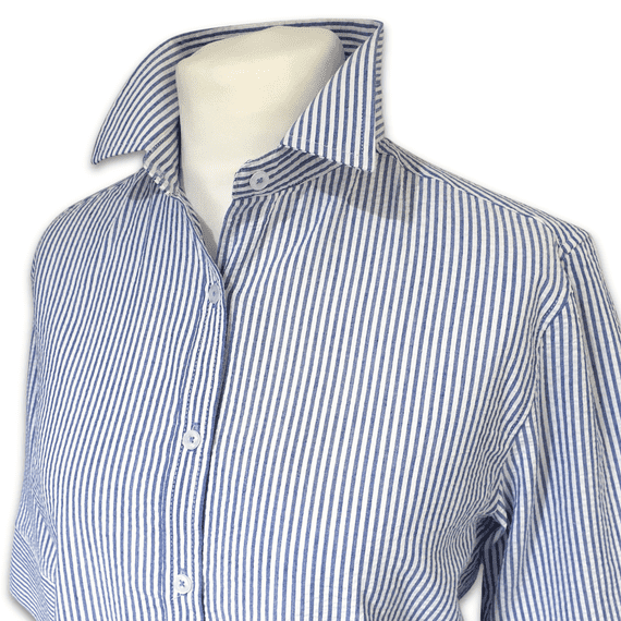 Grenouille Ladies 3/4 Sleeve Mid-Blue Stripe Seersucker Shirt