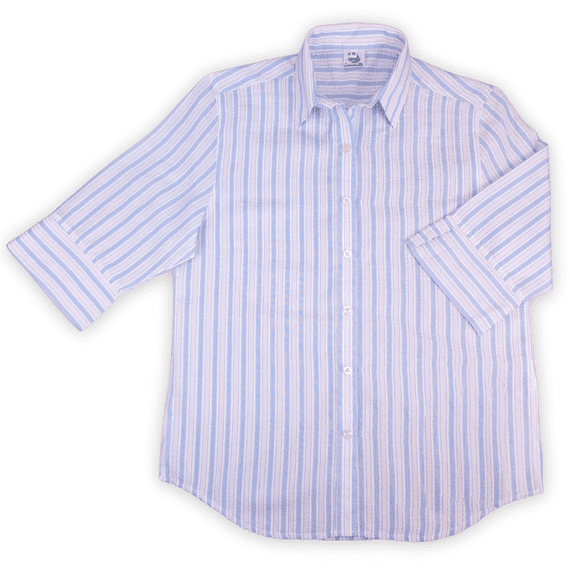 Grenouille Ladies 3/4 Sleeve Pink & Blue Stripe Seersucker Shirt