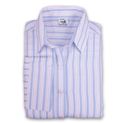 Grenouille Ladies 3/4 Sleeve Pink & Blue Stripe Seersucker Shirt