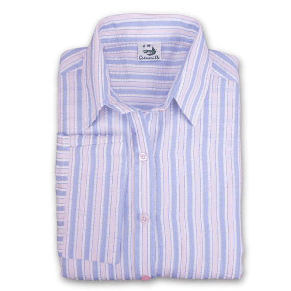 Grenouille Ladies 3/4 Sleeve Pink & Blue Stripe Seersucker Shirt