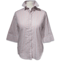 Grenouille Ladies 3/4 Sleeve Pink & Navy Stripe Seersucker Shirt