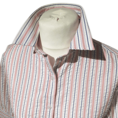 Grenouille Ladies 3/4 Sleeve Pink & Navy Stripe Seersucker Shirt