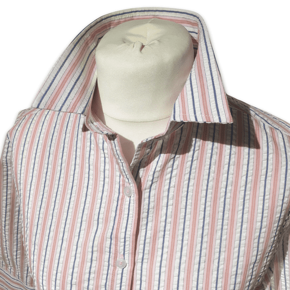 Grenouille Ladies 3/4 Sleeve Pink & Navy Stripe Seersucker Shirt