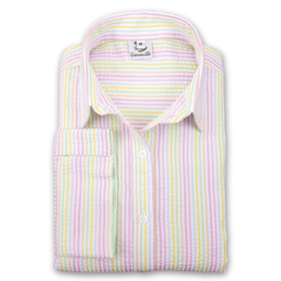 Grenouille Ladies 3/4 Sleeve Rainbow and Bright White Stripe Seersucker Shirt