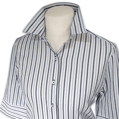 Grenouille Ladies 3/4 Sleeve White & Navy Stripe Seersucker Shirt
